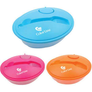A blue, pink, and orange lunch box with compartments and utensils, featuring a logo.
