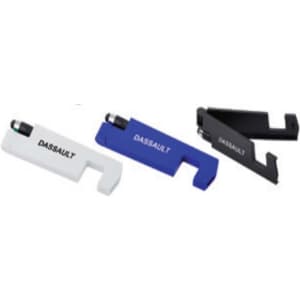 A mobile stand and stylus pen in white, blue, and black, featuring branding on each item.