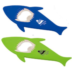 A drink bottle opener shaped like a shark, available in blue and green, featuring a logo.