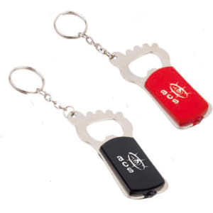 A drink bottle opener in red and black, featuring a keyring attachment and a built-in light. It has a logo.