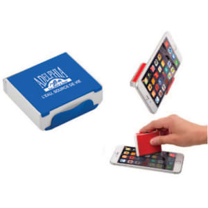 A promotional phone cleaning kit with a blue case, featuring a cleaning wipe and holder. Includes a logo on the case.