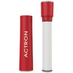 A red and white lint brush with a cylindrical design, featuring a logo on the red casing.