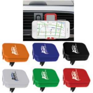 A car phone holder with an air freshener, available in orange, navy, black, green, red, and silver. Features a logo.