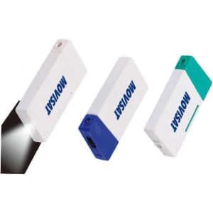 A tool set with light features three compact tools in white, blue, and green, each with a logo.