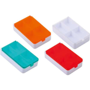 Four rectangular pill boxes in orange, teal, red, and white, with separate compartments for organisation.