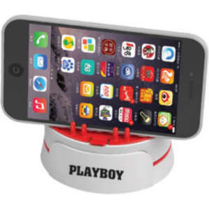A mobile stand screen cleaner in white and red, holding a smartphone, featuring a logo.