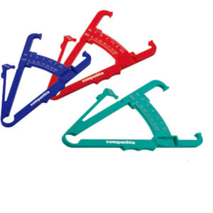 A set of three measuring tools in red, blue, and green, with a branding logo visible on one.