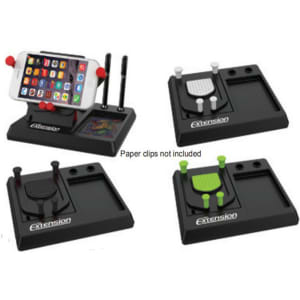 A black phone stand with various compartments, featuring red and green holders for pens and other items.