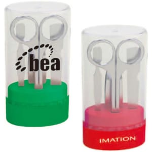 A manicure set featuring stainless steel tools, presented in a clear container with a green and a red base.