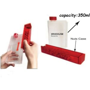 A drink bottle with a clear body and red nut box, featuring a capacity of 350ml and a logo.