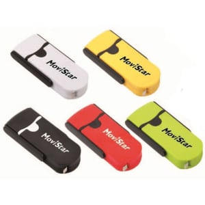 A collection of five tape measure keychains in white, black, red, yellow, and green, each featuring a logo.