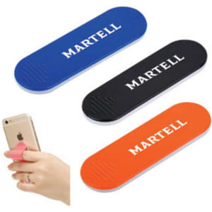 A mobile holder in blue, black, and orange with a logo, designed for supporting phones.