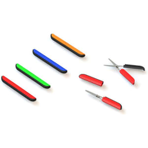 A collection of scissors and knife tools in red, green, blue, orange, and black, featuring a logo.