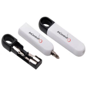 A compact tool set featuring black and white components, including a screwdriver and interchangeable bits, with a logo.