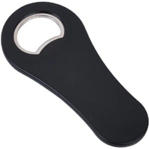 A drink bottle opener in black with a magnetic back and a sleek design. It features a logo on its surface.