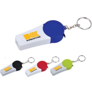 A tool set keyring in blue, black, red, and green, featuring a branded logo and a keychain attachment.