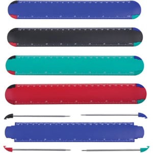 A ruler in blue, black, green, and red with four matching ballpoint pens, displayed with a logo.