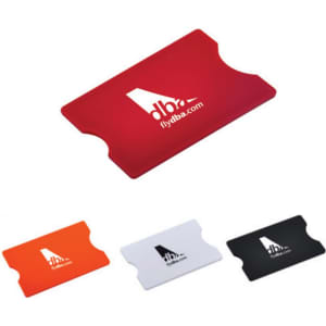 A RFID card holder in red, orange, white, and black, featuring a logo on each.
