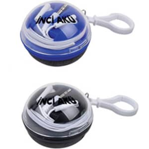 Earbuds in a circular case with a clear lid, featuring a blue and black design and a logo.