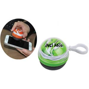 Earbuds in a vibrant green and orange case that doubles as a screen cleaner, with a loop for attachment.