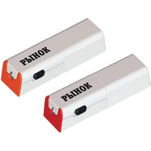 Two compact mobile stands in silver with red accents, featuring a built-in light and screen cleaner.