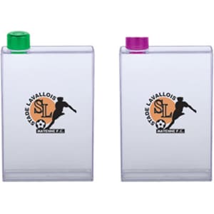 A drink bottle with a clear body, featuring a green and a pink lid, and a logo printed on the front.