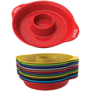 A stack of colourful plates in various shades, featuring a red plate on top with a central dip section. The set includes a logo.