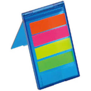 A blue memo holder featuring four sticky note sections in orange, pink, yellow, and green. It includes a branding logo.