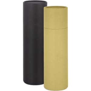 A drink bottle gift tube in black and mustard yellow, featuring a sleek cylindrical design and a lid.