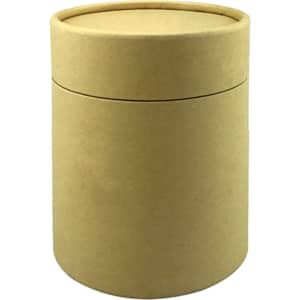 A large cylindrical gift tube in a natural brown colour, featuring a lid and a simple design.