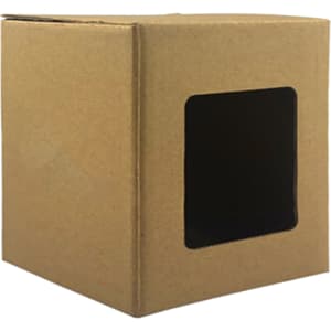 A small brown gift box with a clear window on one side, designed for packaging drinkware.