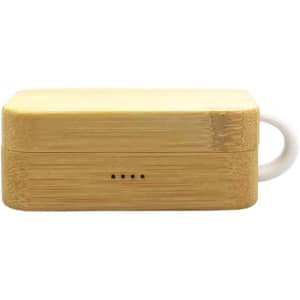 A bamboo charging case with a white handle for wireless earbuds, featuring a subtle logo.