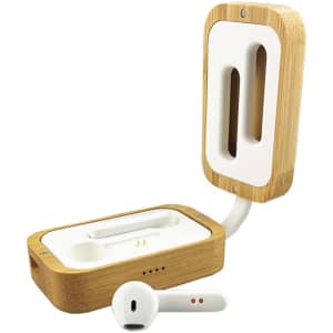 Bamboo wireless earbuds with a white charging case, featuring a brand logo and a natural wood finish.
