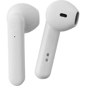 White wireless earbuds with a sleek design, featuring a logo and buttons on the side.