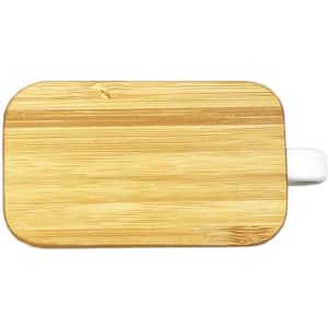 A bamboo wireless earbud case in a rectangular shape with a white accent, featuring a logo.
