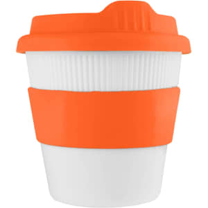A drink bottle featuring a white body with an orange lid and sleeve, designed as a reusable coffee cup.