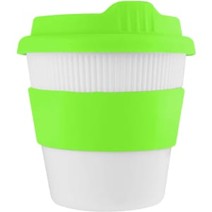 A reusable coffee cup in white with a bright green silicone lid and grip. Features a branding logo.