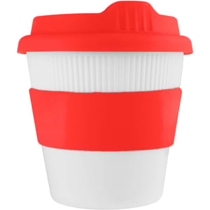 A drink bottle with a white body and red silicone lid and sleeve, featuring a logo.