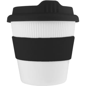 A reusable coffee cup in white with a black silicone sleeve and lid. It features a ribbed design and a logo.