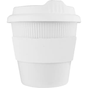 A reusable white coffee cup with a textured silicone band and a lid, featuring a logo.