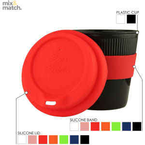 A reusable coffee cup with a black plastic body, a red silicone lid, and a red silicone band. Features a logo.