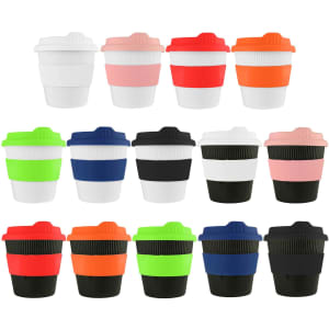 A range of reusable coffee cups in various colours including white, pink, orange, green, blue, black, and red, featuring a logo.