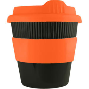 A reusable coffee cup in black and orange, featuring a ribbed design and a logo.