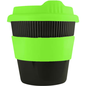 A drink bottle featuring a black body with a bright green lid and grip, designed as a reusable coffee cup.
