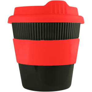 A drink bottle featuring a black body with a red silicone sleeve and lid, designed for reusable coffee.