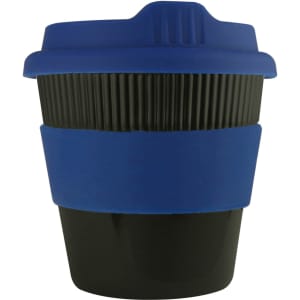 A drink cup featuring a black body with a blue silicone sleeve and lid, equipped with a logo.