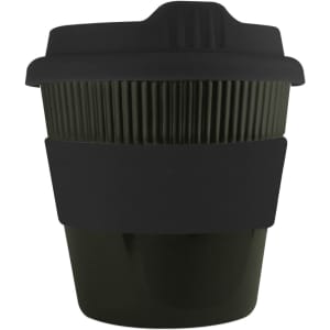 A drink bottle featuring a black reusable coffee cup with a ribbed design and a matching silicone sleeve.