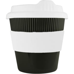 A drink bottle styled reusable coffee cup in black with a white band and lid, featuring ridged texture and a logo.