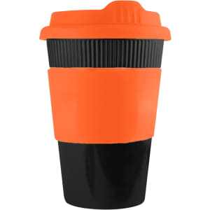 A drink bottle featuring a black and orange design, with a ribbed sleeve and a lid. It has a logo.