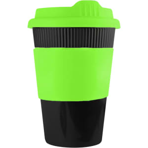 A reusable coffee cup with a bright green lid and sleeve, featuring a black body. It has a logo.